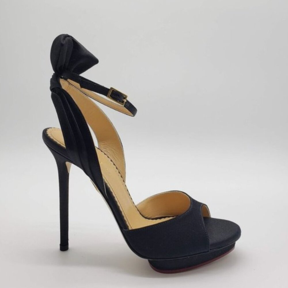 Charlotte Olympia NAVY Wallace Bow-Back Satin heels